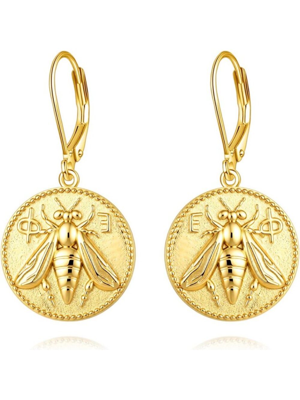 14k Gold Evil Eye Coin Drop Earrings, Dangle Medallion Jewelry, Secure Leverback